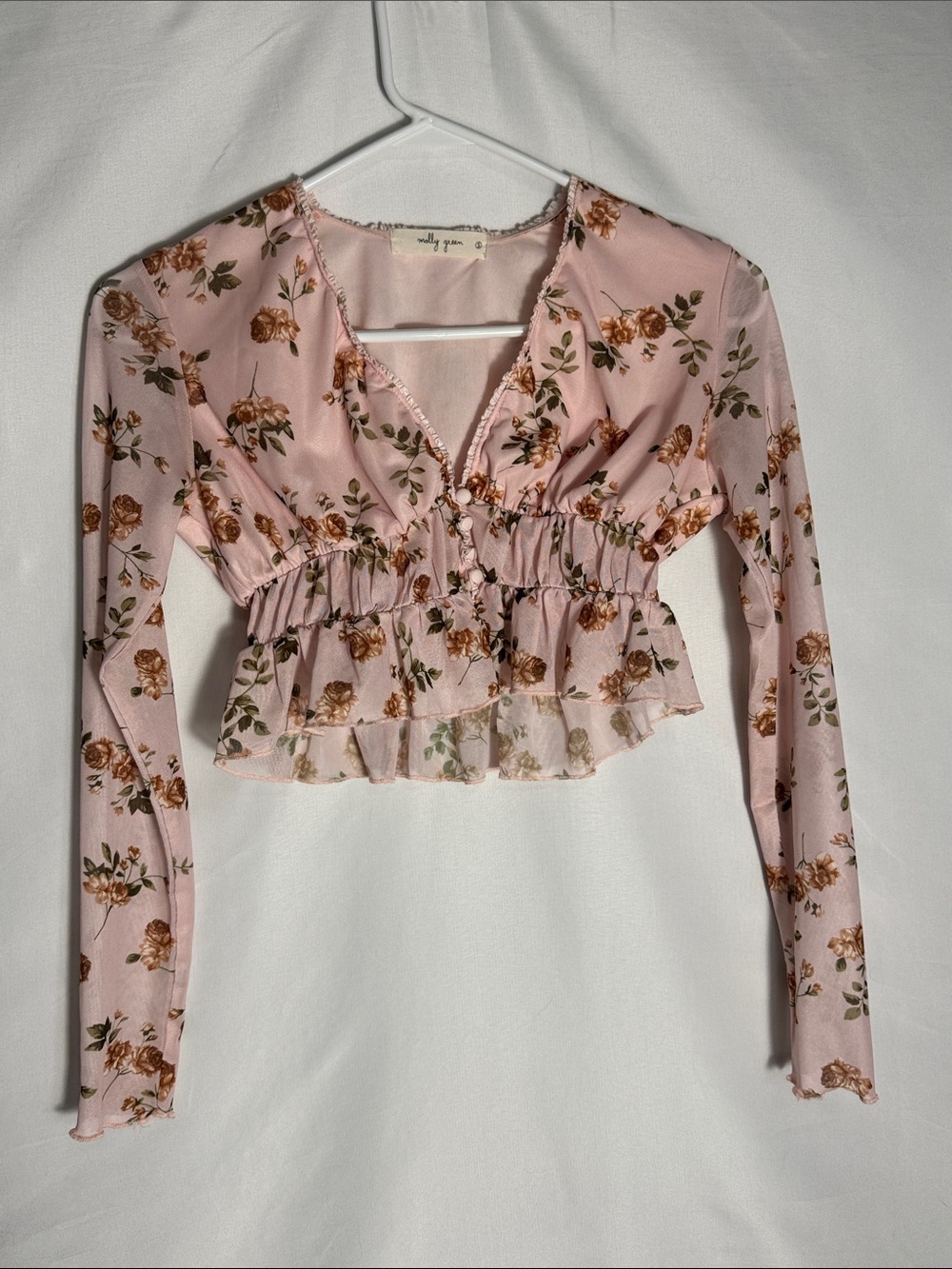 Molly Green Light Pink Chiffon Floral Ruffle Long-Sleeve Crop Top Size Small